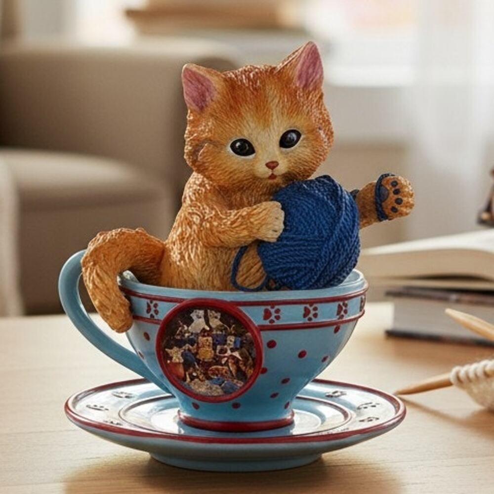 Vintage 1990s Jurgen Scholz Cozy Kitten Teacup Frisky Business LE 2623 Figurine